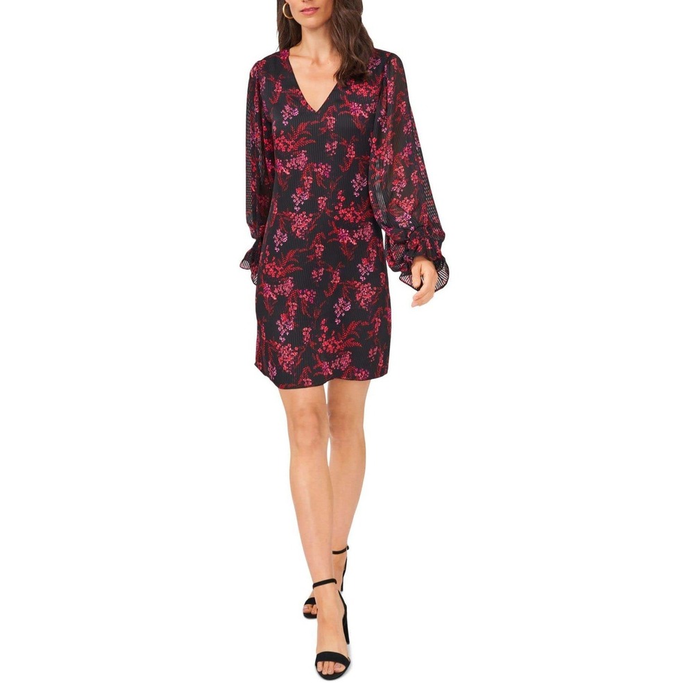 MSK Floral V-Neck Shift Dress Black Pink Sheer Balloon Sleeve XL Coquette‎ Party